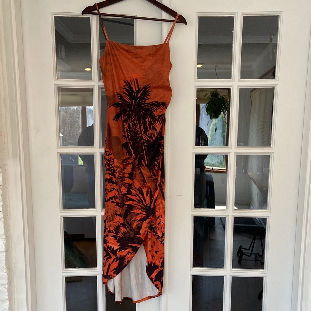 Urban Outfitters Orange Solana Palm Tree Printed Split-Hem Midi Slip Dress